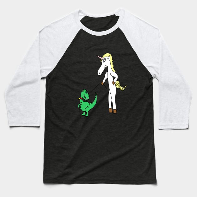 Unicorn Walks Baby T-Rex Dinosaur Baseball T-Shirt by GreysonCole